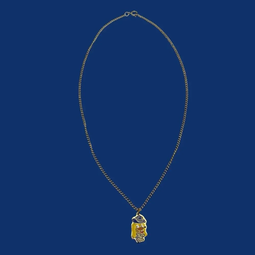Vintage Cartoon Dog Pendant Necklace Gold Tone Enamel Puppy Hat Kitschy Jewelry
